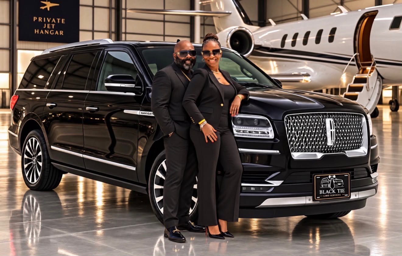 Andre and Kimberly Giles, Founders of Black Tie Limo Services, standing with their vehicle at a private jet hangar